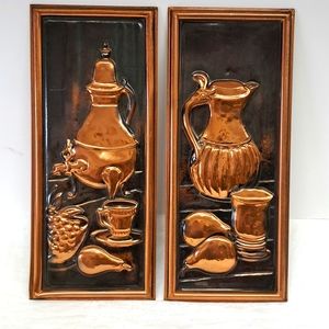 Vintage copper 6 x 14 still life wall art set of 2 made in Holland